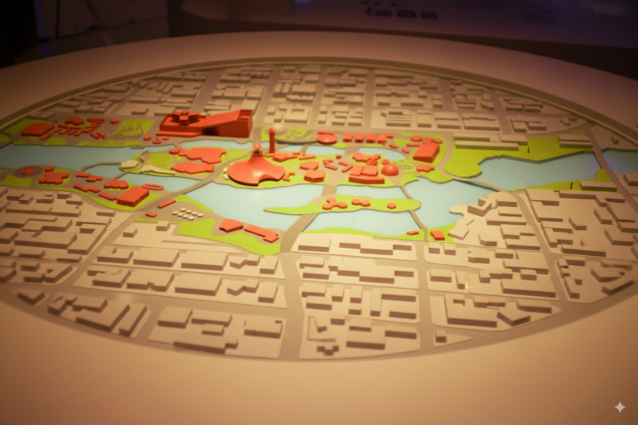 Detailreiche 3D-Landkarte auf einem Schreibtisch